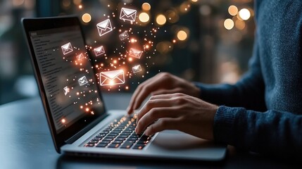 Poster - A man types on his laptop, navigating email security with virtual alerts and icons in a dark office environment