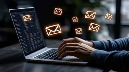 Poster - A man types on his laptop, navigating email security with virtual alerts and icons in a dark office environment
