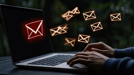 Poster - A man types on his laptop, navigating email security with virtual alerts and icons in a dark office environment
