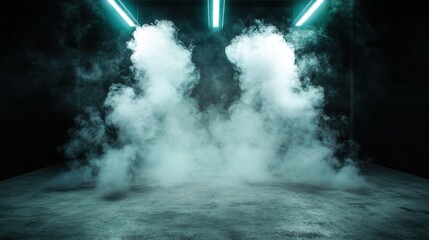 This scene features bright lights casting illumination on two columns of white smoke, creating a symmetrical and striking scene against a dark background.