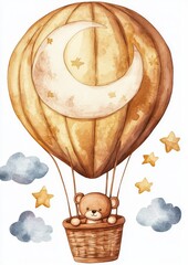 Wall Mural - The little bear is flying in a hot air balloon in this watercolor hand drawn illustration with an isolated white background. The clipart is suitable for baby showers or birthdays.