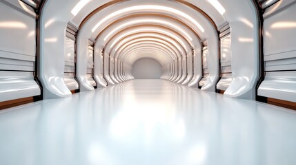 A glossy, futuristic tunnel with elegantly arched white lights lining the walls, providing a sleek and modern pathway reminiscent of sci-fi environments.