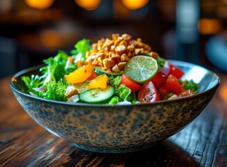 Fresh and colorful mixed salad with crispy croutons, ripe tomatoes, cool cucumber, zesty lime, and succulent orange slices presented in a charming bowl