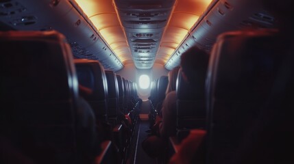 Aufkleber - Passengers comfortably seated in airplane cabin with warm light, soaring through sky. Breathtaking view of clouds, sun setting or rising. Modern technology ensures smooth journey