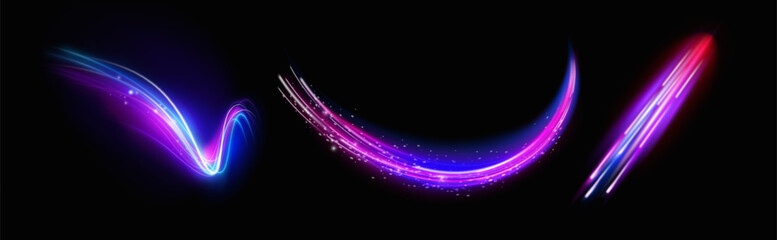 Poster - High speed effect motion blur night lights. Vector isolated set of realistic neon brightness with particles. Futuristic line trails and bright sparkling. Gloving swirls or impulse cable curves waves