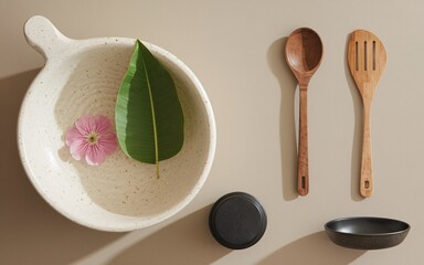 Spa decorate, Minimalist kitchen arrangement with wooden spoon, spatula, ceramic bowl, flower and leaf, black pan and lid.