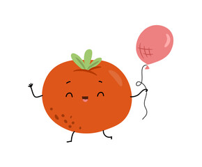 Poster - Cute happy tomato holding inflatable balloon. Vector cartoon positive character. Healthy eating diet. Isolated funny vegetable waving hand, greeting gesture. Sticker or with joyful face