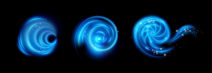 Aufkleber - Light circles with light neon effect and small shining particles or magic sand in motion. Vector glowing ring traces. Luminous spirals with bright dust. Swirls for websites or games design