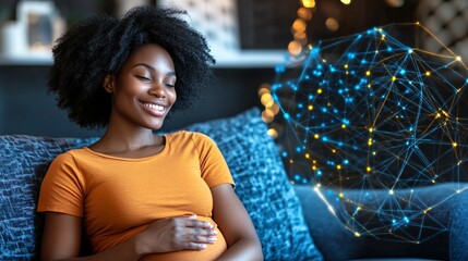 Poster - Pregnant woman using a wireless fetal heart monitor while being supervised by her doctor via telemedicine Stock Photo with side copy space