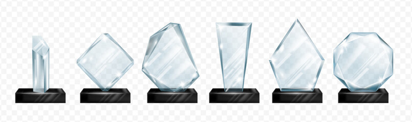 Fototapete - Trophy for winners, shiny transparent reward for first place, recognition at work, business or challenge. Vector isolated set of realistic crystal plexiglass awards with pedestal and copy space.