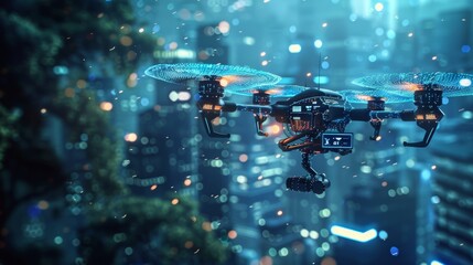 Poster - Futuristic drone with glowing rotors flying over a blurred smart city with skyscrapers at night, delivering a parcel using innovative technology