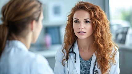 Poster - Pregnant woman feeling reassured as she consults with her doctor online about upcoming prenatal tests Stock Photo with side copy space