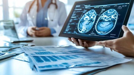 Fototapete - Pregnant woman feeling reassured as she consults with her doctor online about upcoming prenatal tests Stock Photo with side copy space