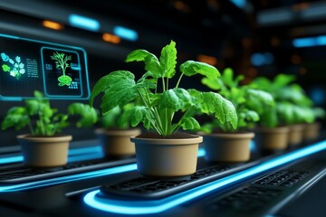 Poster - A futuristic rooftop garden growing green onions and celery in a neon-lit environment with holographic screens monitoring growth