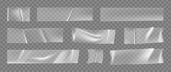 Aufkleber - Cellophane or plastic transparent duct tapes. Vector isolated realistic set of stripes with badly glued and wrinkled surface effect. Wrap or sticky adhesive notes, packaging decoration for parcels