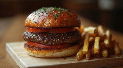 delicious hamburger accompanied by crispy fries, presented on a white background, showcasing the tasty appeal of fast food in an enticing and vivid way