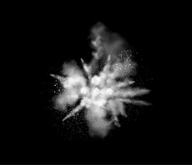 Poster - Dust spray, white smoke, powder explosion with particles. Vector isolated realistic clouds with pieces, white sand or flour, cosmetics product design, chemical substance reaction effect