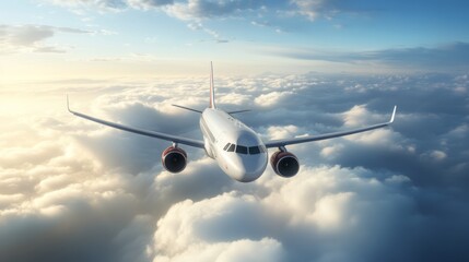 Aufkleber - Sleek passenger jet soars through fluffy clouds with the morning sun in the background, capturing travel and adventure