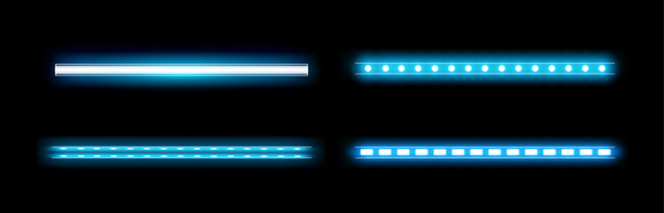 Poster - Tube lamp illuminating cold light. Vector isolated set of LED realistic bright bars for interior of home, bar or casino. Tapes with bulbs and fluorescent or halogen ribbon for furniture