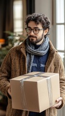 Poster - BIPOC man setting up electronics while organizing his new living space Stock Photo with side copy space