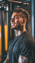 Poster - BIPOC man smiling while setting up his home gym in his new space Stock Photo with side copy space