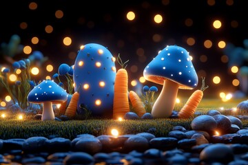 Poster - A magical forest scene with glowing mushrooms and colorful carrots growing in a mystical landscape under sparkling light