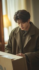Poster - Asian man assembling furniture while moving into his new home Stock Photo with side copy space