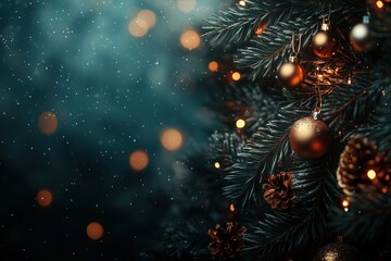 close-up of christmas tree with golden ornaments and lights, cozy holiday decor