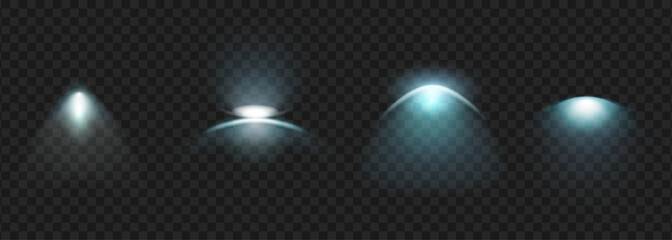 Aufkleber - Cool illumination from sconces. Vector isolated set of realistic cold light color, home interior or scene arrangement. Dimmed lamps glowing on wall, lamplight with bright backlight beams
