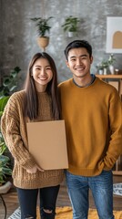 Poster - Asian couple smiling while hanging artwork in their new apartment Stock Photo with side copy space