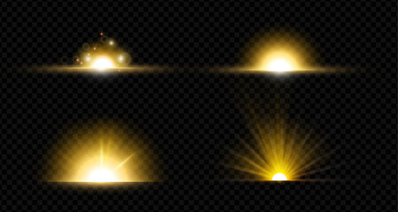 Poster - Horizontal bursts and glittering effect. Vector realistic beam of light and illumination. Isolated set of magical glowing shine with explosions and sparkles, energy discharge and ray with powder