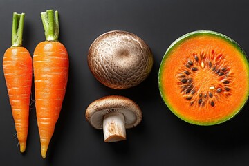 Aufkleber - A minimalist representation of a carrot, mushroom, and bitter melon side by side, with simple lines and a modern style