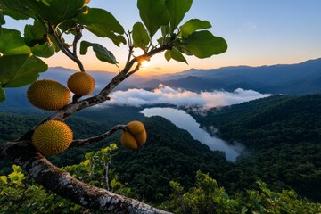 Wall Mural - A mysterious forest with giant durians and jackfruits growing under a full moon, with eerie mist swirling around