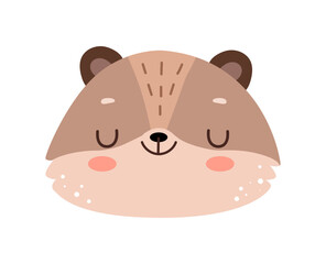 Poster - Raccoon face emoticon, isolated animal character with black mask on snout. Vector cute personage of wilderness, nature species and characters emoji. Cartoon personage with peaceful muzzle expression
