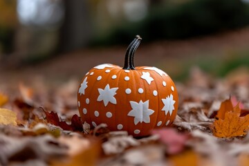 a pumpkin patch with rows of orange and white pumpkins, surrounded by autumn leaves