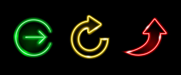 Poster - Neon arrow signs, isolated realistic glowing web icons in various shapes. Vector bright pointers, next page and reload symbols for user interface and experience. Advertising signboard elements