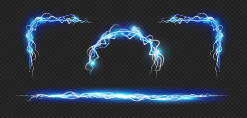 Poster - Glowing lightning frame corners and lines, semicircle decoration for banners, typography or ads. Vector isolated electric discharge graphic, modern set isolated on transparent background