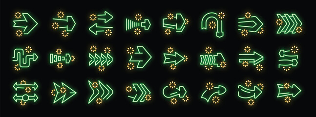 Poster - Set of various neon green arrows with yellow sparks on black background, indicating multiple directions and movements