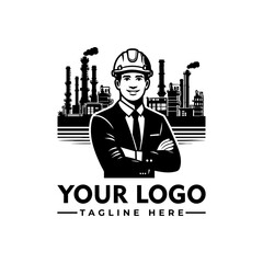 Worker in hard hat stands arms crossed in front of industrial plant vector logo Industrial worker in hard hat stands confidently in front of factory. Suitable for construction, engineering, manufactur