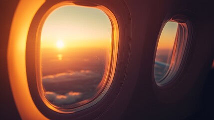 Poster - Golden sunset shining through the window of an airplane flying above the clouds, creating a warm and inviting atmosphere