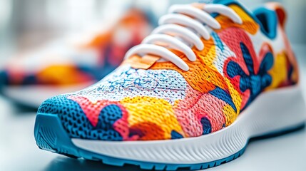 Colorful athletic shoes on a stylish surface