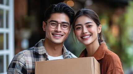 Poster - Young Asian couple smiling while carrying boxes into their new home Stock Photo with side copy space
