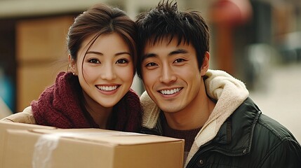 Poster - Young Asian couple smiling while carrying boxes into their new home Stock Photo with side copy space