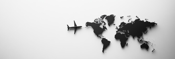 Aufkleber - Minimalist black and white image featuring an airplane flying towards a world map, symbolizing global travel and exploration. The white background provides ample space for text or design elements