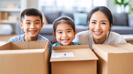 Poster - Asian family unpacking boxes in their living room after moving into a new house Stock Photo with side copy space