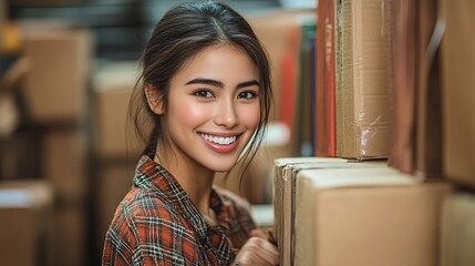Poster - Asian woman smiling and placing books on a shelf while unpacking in a new home Stock Photo with side copy space
