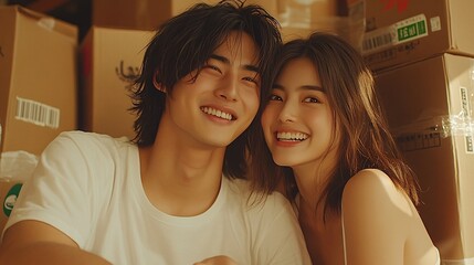 Poster - Young Asian couple sitting on the floor surrounded by moving boxes while laughing Stock Photo with side copy space