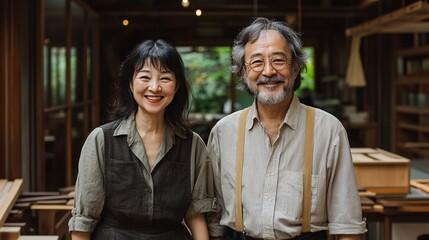 Poster - Asian couple smiling while putting together furniture in their new apartment Stock Photo with side copy space