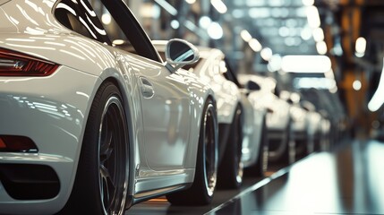 White Cars on Production Line in Automotive Factory