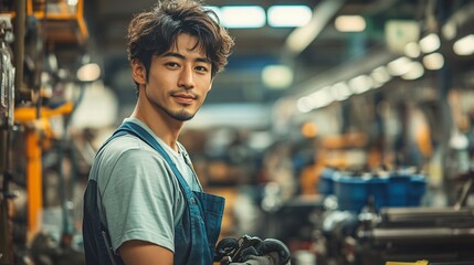 Poster - Asian man assembling furniture while his partner organizes items after a move Stock Photo with side copy space